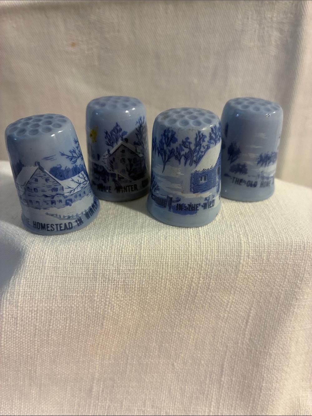 Currier & Ives Blue and White Winter Scene Porcelain Thimbles Set of 4